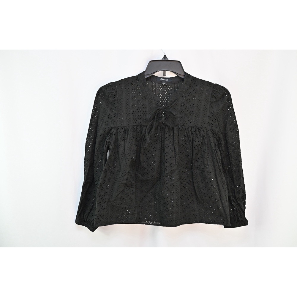 Madewell Black Eyelet Long Sleeve V-Neck Blouse Small Tie Front Cotton Top